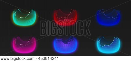 Broken Bubble Shields, Damaged Protection Force Fields. Vector Realistic Set Of Safety Energy Barrie