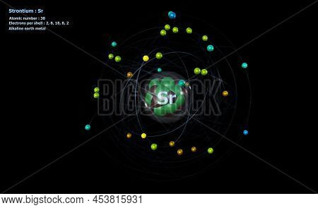 3d Illustration Of Atom Of Strontium With Core And 38 Electrons With A Black Background