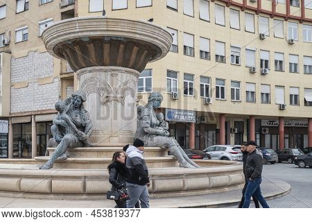 Skopje, North Macedonia - December 2018: View Of Olympias Monument, The Mother Of Alexander The Grea