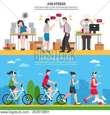 Job Stress And Ourdoor Ways Of Relaxion Horizontal Banners Set Flat Isolated Vector Illustration