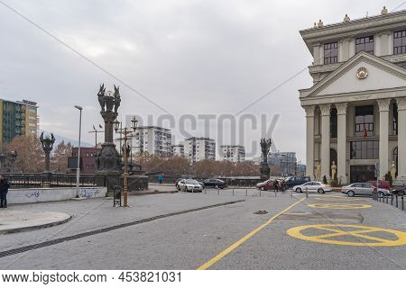 Skopje, North Macedonia - December 2018: View Of Dimitar Valhov Walk.