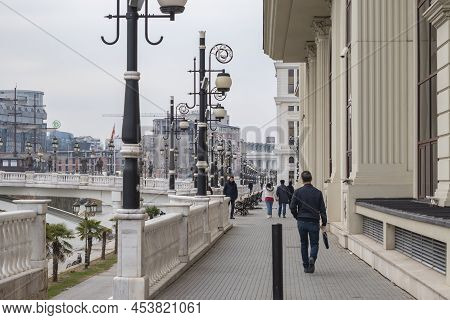 Skopje, North Macedonia - December 2018: View Of Dimitar Valhov Walk.