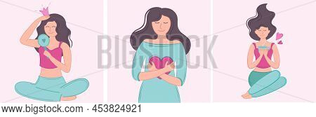 Vector Illustration Set Girl Self Love Admiring Yourself In The Mirror With Crown.