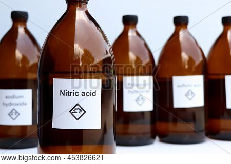 Nitric Acid In Bottle, Chemical In The Laboratory And Industry