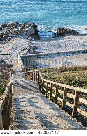 Vlore, Albania - March 2019: Stairs That Bring To The Beach.