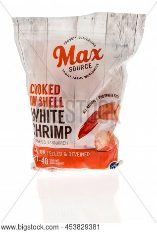 Winneconne, Wi -23 April 2022: A Package Of Max Source Cooked Shrimp On An Isolated Background