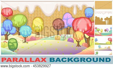 Sweets. Set For Parallax Effect. Waffle Wall With Drips Of Milk Cream. Trees With Vanilla Cream, Ice