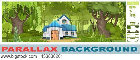 Fabulous Funny House In Clearing. Set For Parallax Effect. Forest Meadow Landscape. Garden. Willow. 