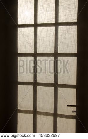 Door Covered With A Net Curtain. La Palmita. Agulo. La Gomera. Canary Islands. Spain.