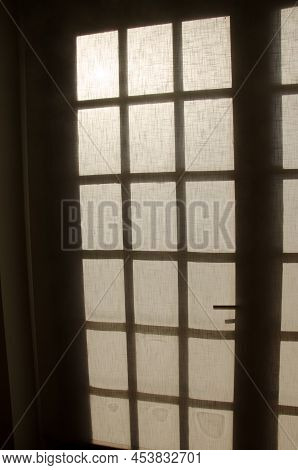 Door Covered With A Net Curtain. La Palmita. Agulo. La Gomera. Canary Islands. Spain.