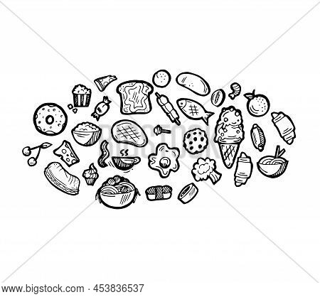 Set Of Food In Form Of Ellipse. Baking Buns And Meat Dishes. Hand Drawing Outline. Isolated On White