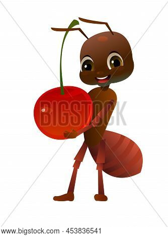 Brown Ant Bears A Cherry Berry. Wildlife Object. Little Funny Insect. Cute Cartoon Style. Isolated O