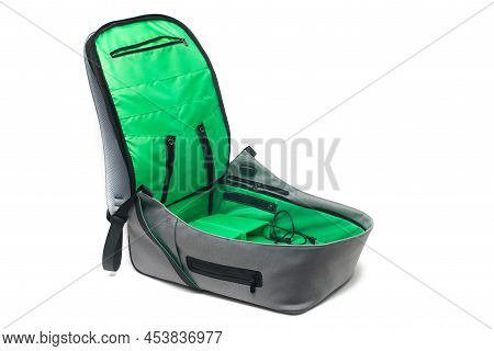 Open Gray And Green Backpack Isolated On White Background