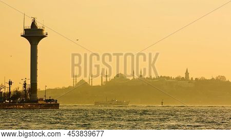 Istanbul Silhouette Background At With A Modern Naval Radar Tower Silhouette