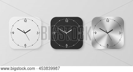 Vector 3d Realistic White, Black And Slver Or Chrome Steel Wall Office Clock Icon Set Isolated. Desi