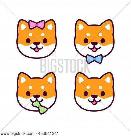 Cute Cartoon Shiba Inu Puppy Gender Identity Icons With Color Bow. Boy, Girl And Gender Neutral (non