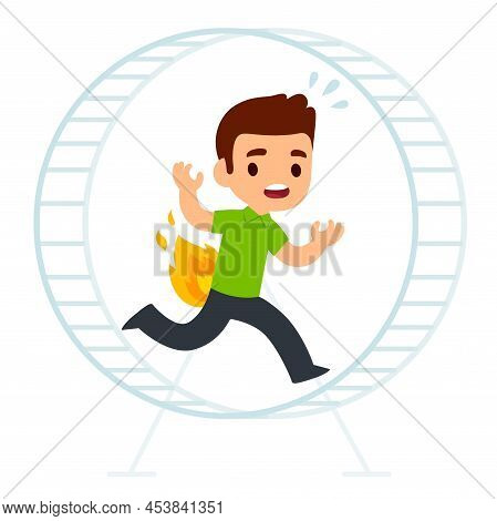 Panicking Young Man Running In Hamster Wheel While On Fire. Rat Race, Society Demands And Stress, Ve
