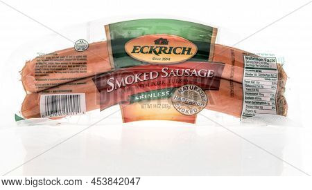Winneconne, Wi -23 April 2022: A Package Of Echrich Smoked Sausage On An Isolated Background