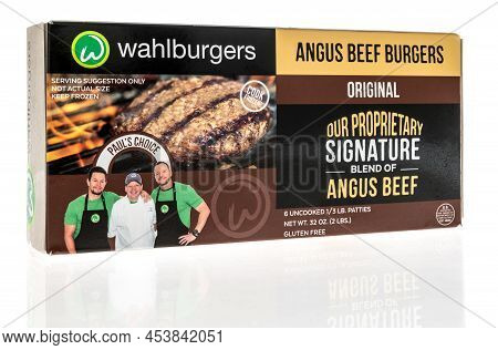 Winneconne, Wi -23 April 2022: A Package Of Wahlburgers Angus Beef Burgers On An Isolated Background