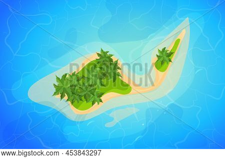 Tropical Island Top View, Resort With Palm Trees, Sand And Waves In Cartoon Style Isolated On White 