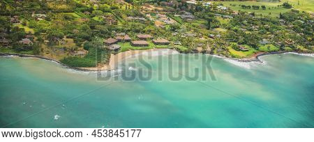 Broad Panorama Of Beach In Hawaii, Aerial View Over The Ocean On West Coast Of Maui, Hawaii.