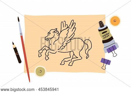 Sketch Drawing On Album Sheet Of Paper With Watercolor Paint In Tube, Brush Around. Pencil Painting,