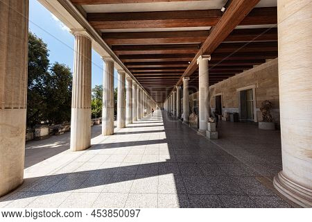 Athens, Greece - July 26, 2021: Stoa Of Attalos, Covered Walkway Or Portico In The Agora Of Athens. 