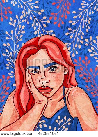Bored Girl Supporting Her Chin With Her Hand. Abstract Modern Woman Portrait. Women Empowerment. Min