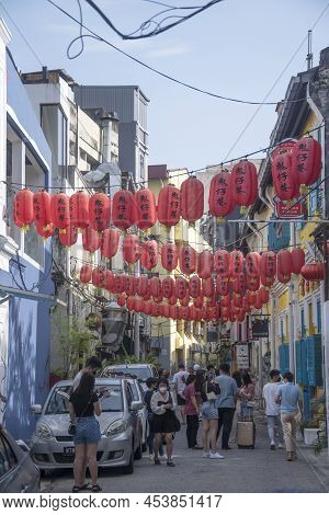 Kuala Lumpur, Malaysia- Apr 17, 2022: The Old Historical Houses And Shops At Lorong Or Jalan Panggun