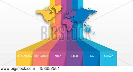 World Map Modern Infographics. 6 Stripes In Different Colors Of Each Continent. Moden Vector Infogra