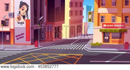 City Street With Houses, Road With Pedestrian Crosswalk, Traffic Lights And Store Front With Banner.
