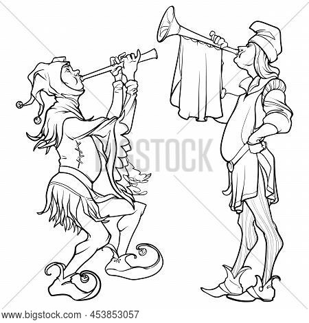 Herald And Jester Playing Flute And Trumpet. Medieval Gothic Style Concept Art. Design Element. Blac