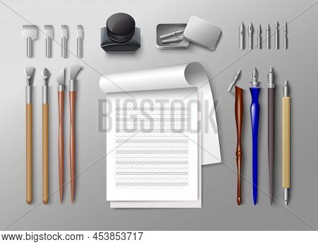 Vector Old Ink Pen Nib And Tools Set For Writing