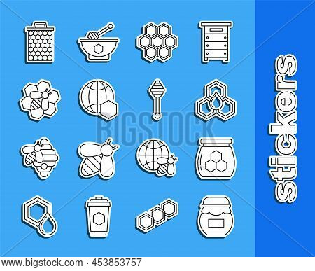 Set Line Jar Of Honey, Honeycomb, Map The World, Bee And Honeycomb, And Dipper Stick Icon. Vector