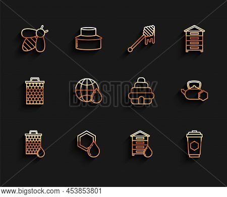 Set Line Honeycomb, Bee, Hive For Bees, Cup Of Tea With Honey, Map The World, Tea Kettle And Icon. V