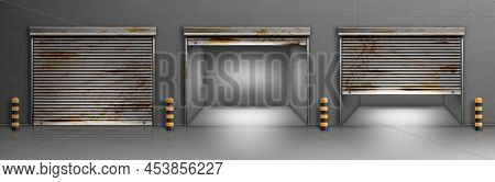 Rusty Garage Doors, Warehouse Entrances With Ferruginous Close And Open Roller Shutters. Empty Hanga