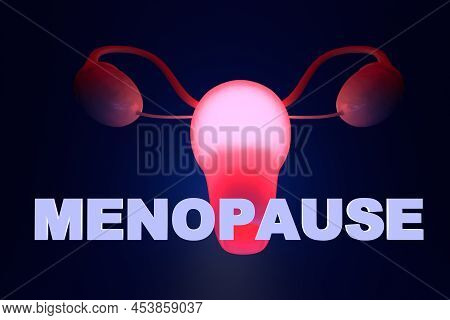 Menopause Concept. Glowing Uterus And The Inscription Menopause On A Blue Background. 3d Render.