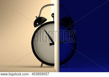 Circadian Rhythm Concept. Alarm Clock Divided Into Two Parts With Day And Night. Sleep And Activity 