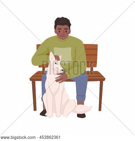Owner Spending Time Outdoors With Pet, Isolated Male Personage Sitting On Bench Touching Dog. Vector