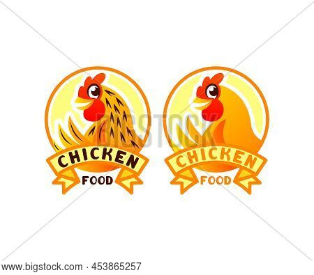Chicken Cartoon Character In Circle, Illustration And Logo Design. Bird, Food, Poultry Farm And Poul