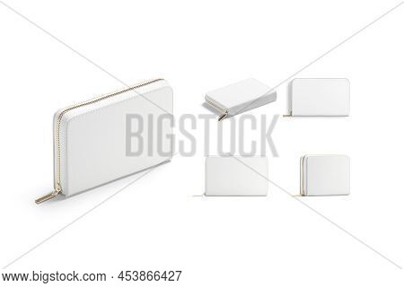 Blank White Small Money Wallet Mockup, Different Views, 3d Rendering. Empty Pocketbook Or Pouch For 
