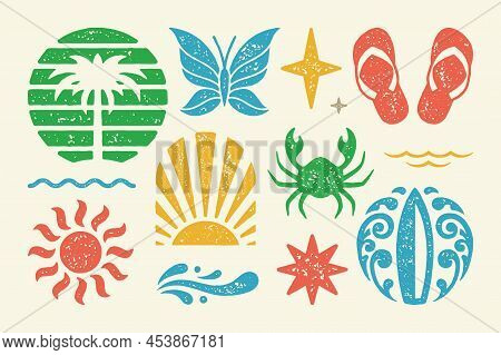 Summer Symbols And Objects Set Vector Illustration. Summer Sandals With Sea Crab And Rising Sun