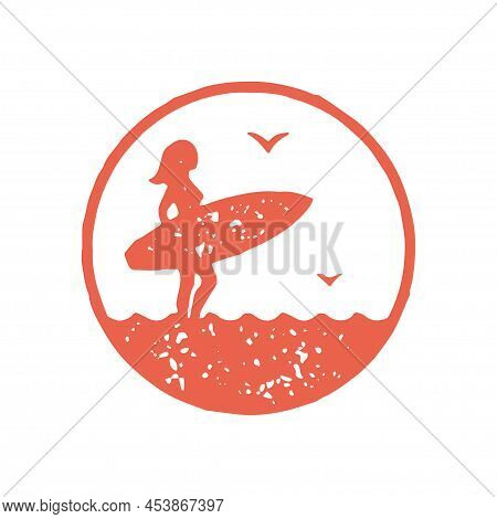 Female Surfer Holding Surfboard Standing Sea Water With Seagulls Red Circle Logotype Grunge Texture