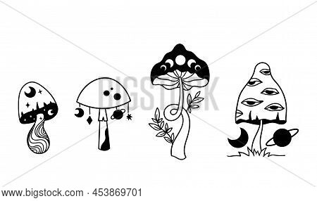 Mystical Celestial Mushroom Isolated Clip Art Bundle, Space Hand Drawn Line Mushrooms, Moon And Star