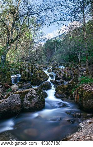 Waterfall At Madriu Perafita Claror Valley In Andorra,unesco World Heritage Site