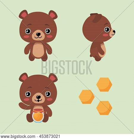 Set Of Cute And Beautiful Character Bears On Green Background. Vector Illustration Charming Animals 