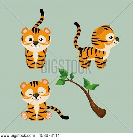 Set Of Cute And Beautiful Character Tigers On Green Background. Vector Illustration Charming Animals
