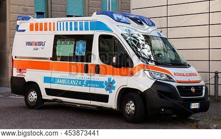 Bologna - Italy - April 9, 2022: Ambulance On Standby. 118 Bologna Soccorso (118 Bologna Rescue Ambu