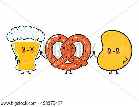 Cute, Funny Happy Glass Of Beer, Pretzel And Chips. Vector Hand Drawn Cartoon Kawaii Characters, Ill