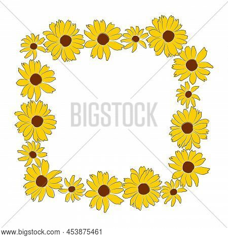 Border Of Open Heliopsis Blossom Vector Illustration Isolated On White Background. Vector Sketch Sty